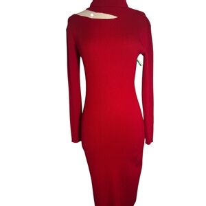 Nina Leonard Ribbed Turtleneck Cutout Long Sleeve Sweater Midi Dress Red SZ S